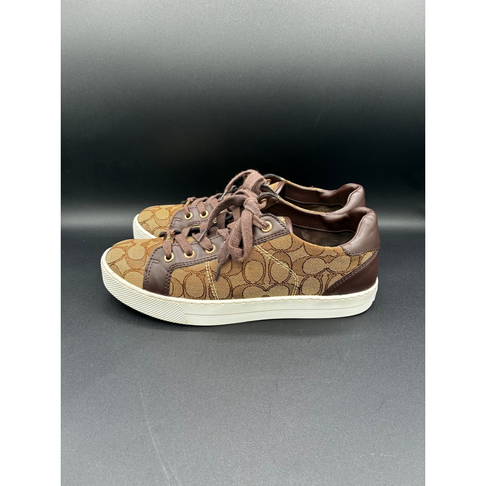Coach Paddy Womens Signature Monogram Canvas Sneakers Khaki Mahogany Brown 9B - Picture 5 of 12